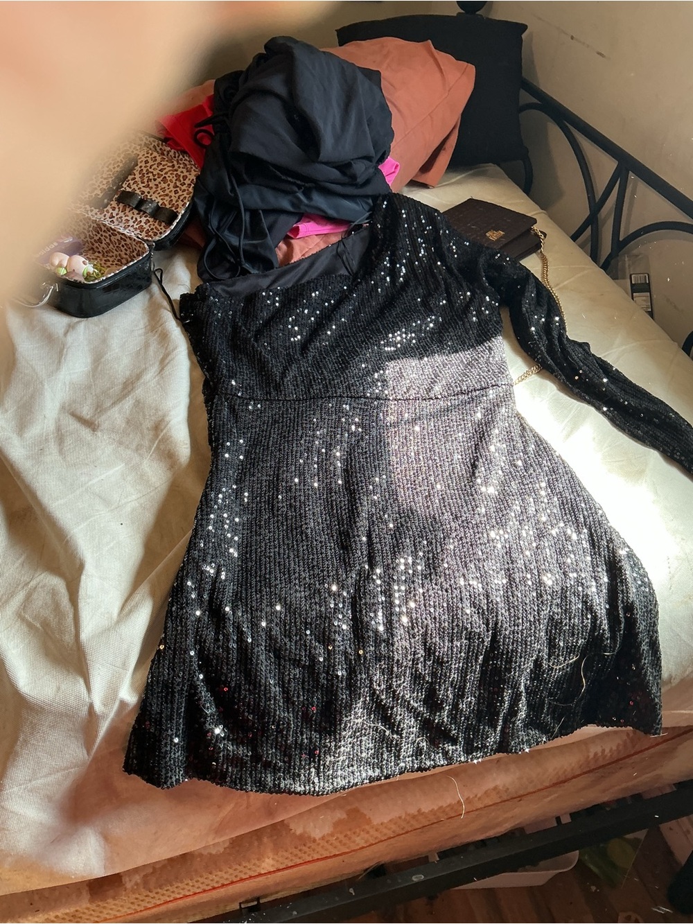 Black One-Shoulder Sequin Long-Sleeve Dress
